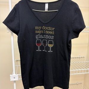 Women's Black V-Neck Tee with Wine Glass Design